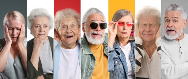 Image of Senior man and women on different colors backgrounds, collage of portraits