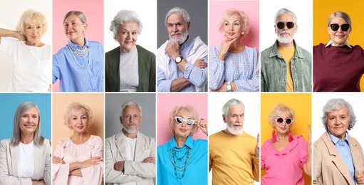 Image of Senior men and women on different colors backgrounds, collage of portraits