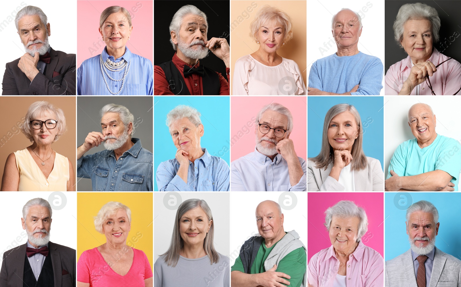 Senior men and women on different colors backgrounds, collage of portraits Image of Senior men and women on different colors backgrounds, collage of portraits