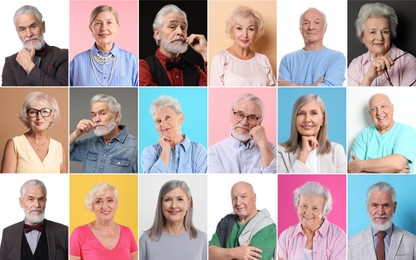 Image of Senior men and women on different colors backgrounds, collage of portraits