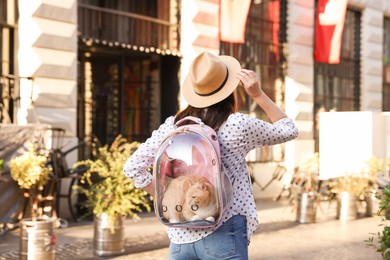 Photo of Woman with her cute cat in backpack carrier on city street, back view