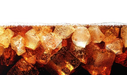 Photo of Refreshing cola with ice isolated on white