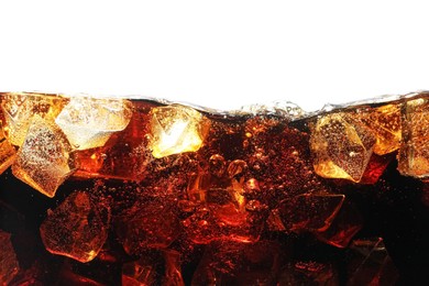Photo of Refreshing cola with ice isolated on white