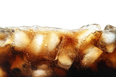 Photo of Refreshing cola with ice isolated on white