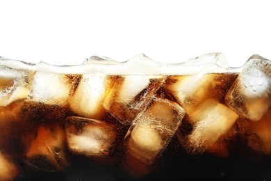 Photo of Refreshing cola with ice isolated on white