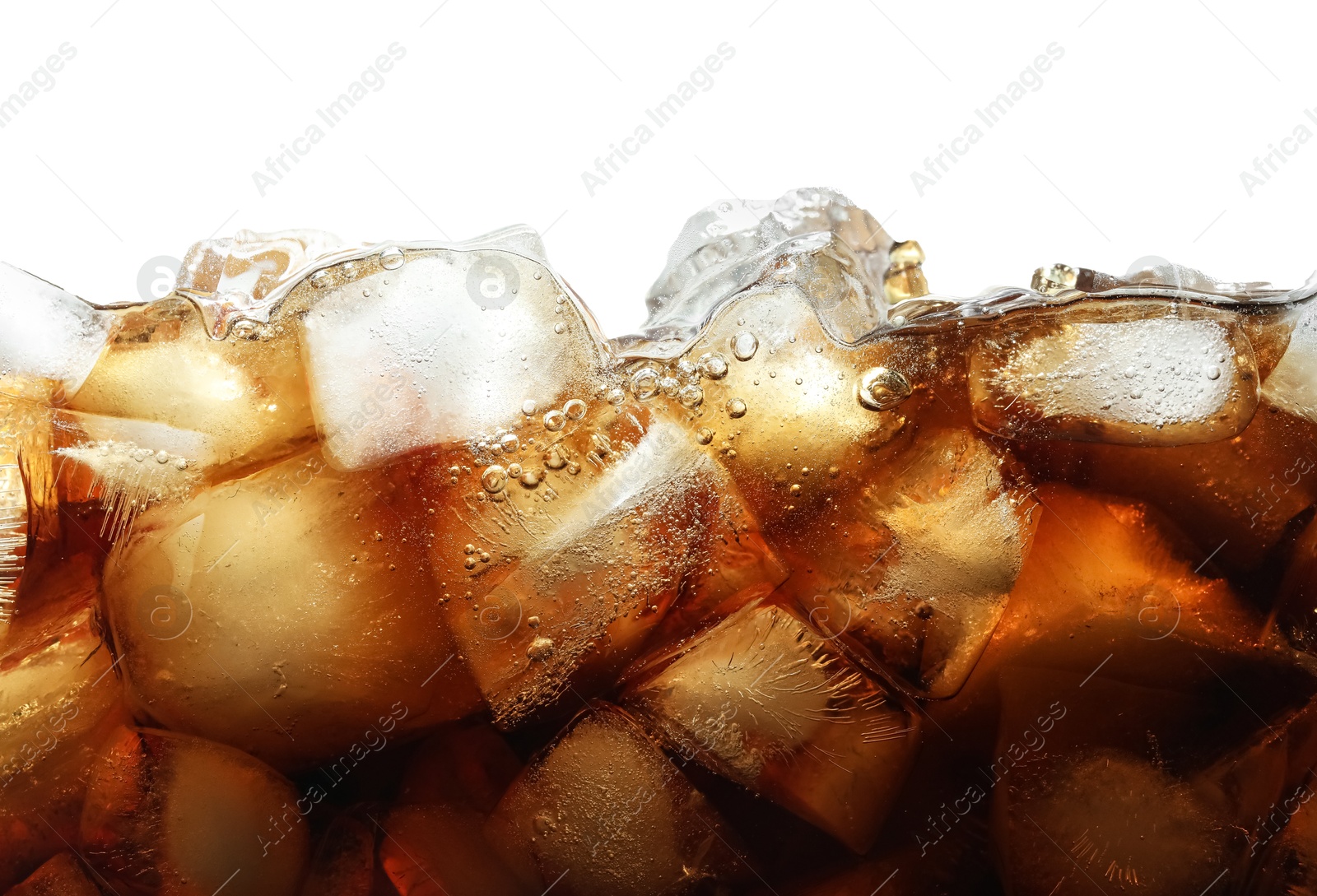 Photo of Refreshing cola with ice isolated on white, closeup