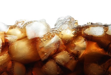 Photo of Refreshing cola with ice isolated on white, closeup