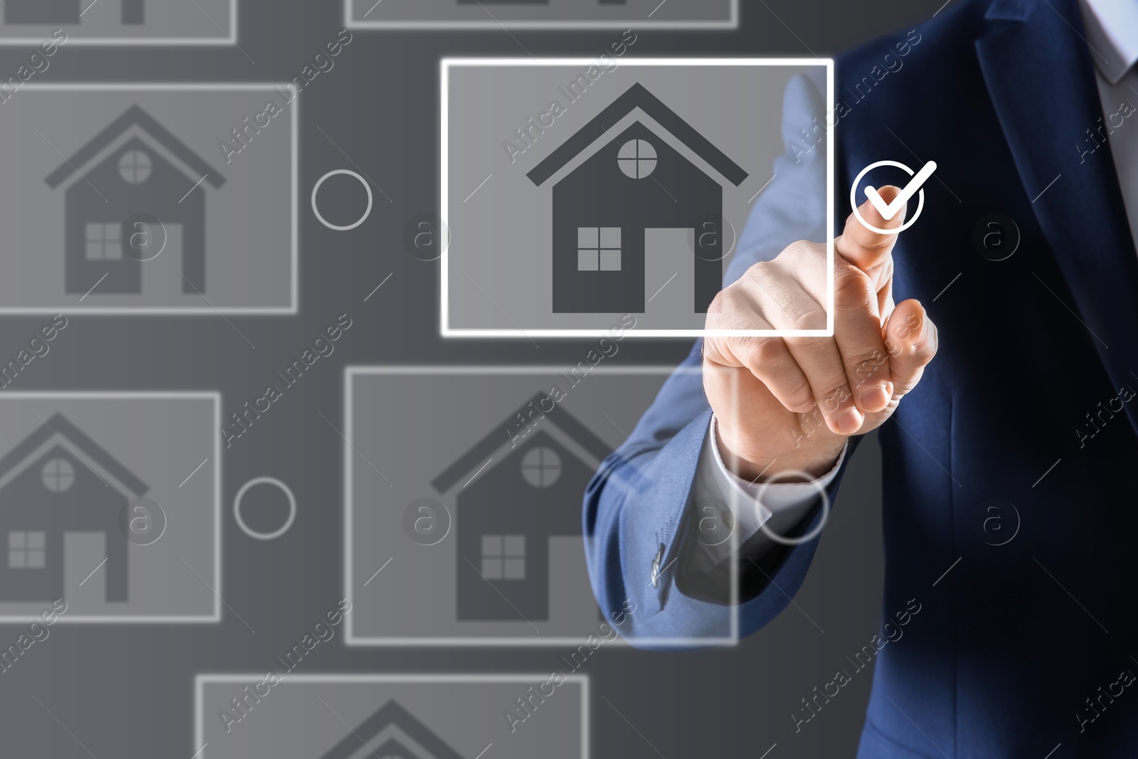 Real estate agent choosing house on virtual screen against grey background, closeup Image of Real estate agent choosing house on virtual screen against grey background, closeup