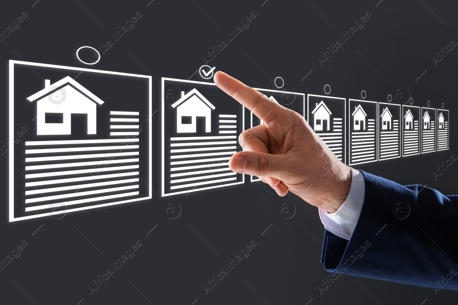 Real estate agent choosing house on virtual screen against grey background, closeup Image of Real estate agent choosing house on virtual screen against grey background, closeup
