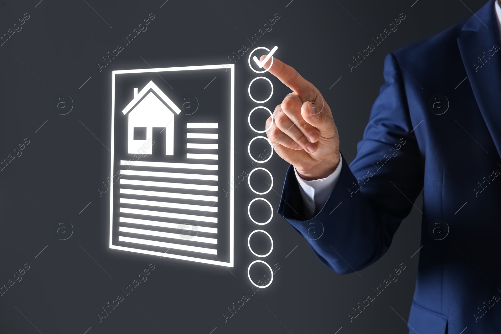 Image of Real estate agent putting tick into checklist near house data on virtual screen against grey background, closeup
