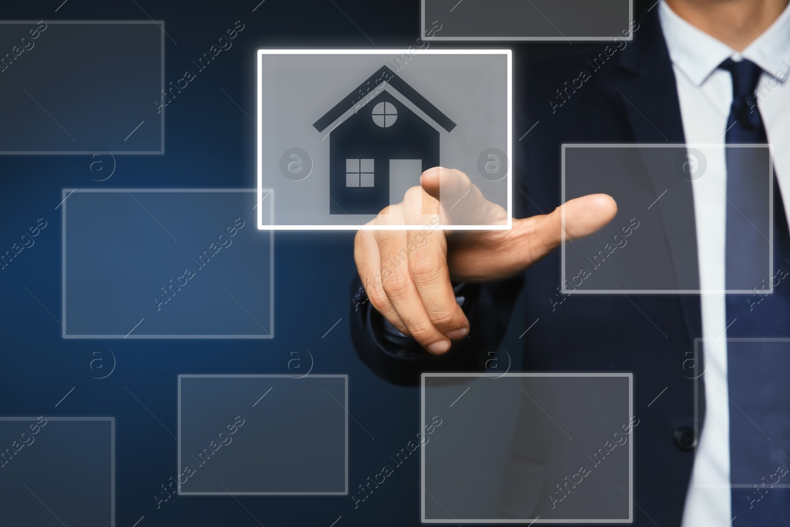 Real estate agent choosing house on virtual screen against dark background, closeup Image of Real estate agent choosing house on virtual screen against dark background, closeup