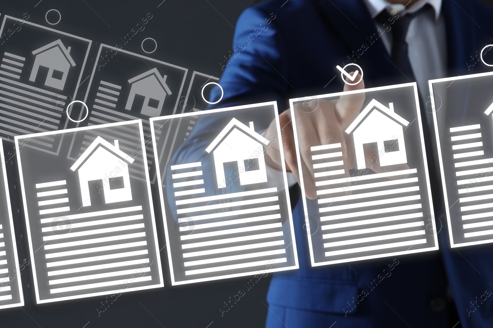 Real estate agent choosing house on virtual screen against grey background, closeup Image of Real estate agent choosing house on virtual screen against grey background, closeup