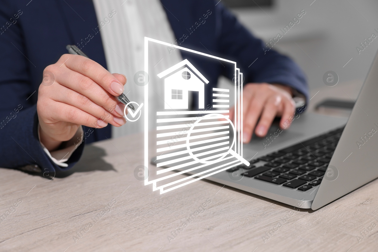 Image of Real estate agent putting tick to house data on virtual screen above laptop, closeup