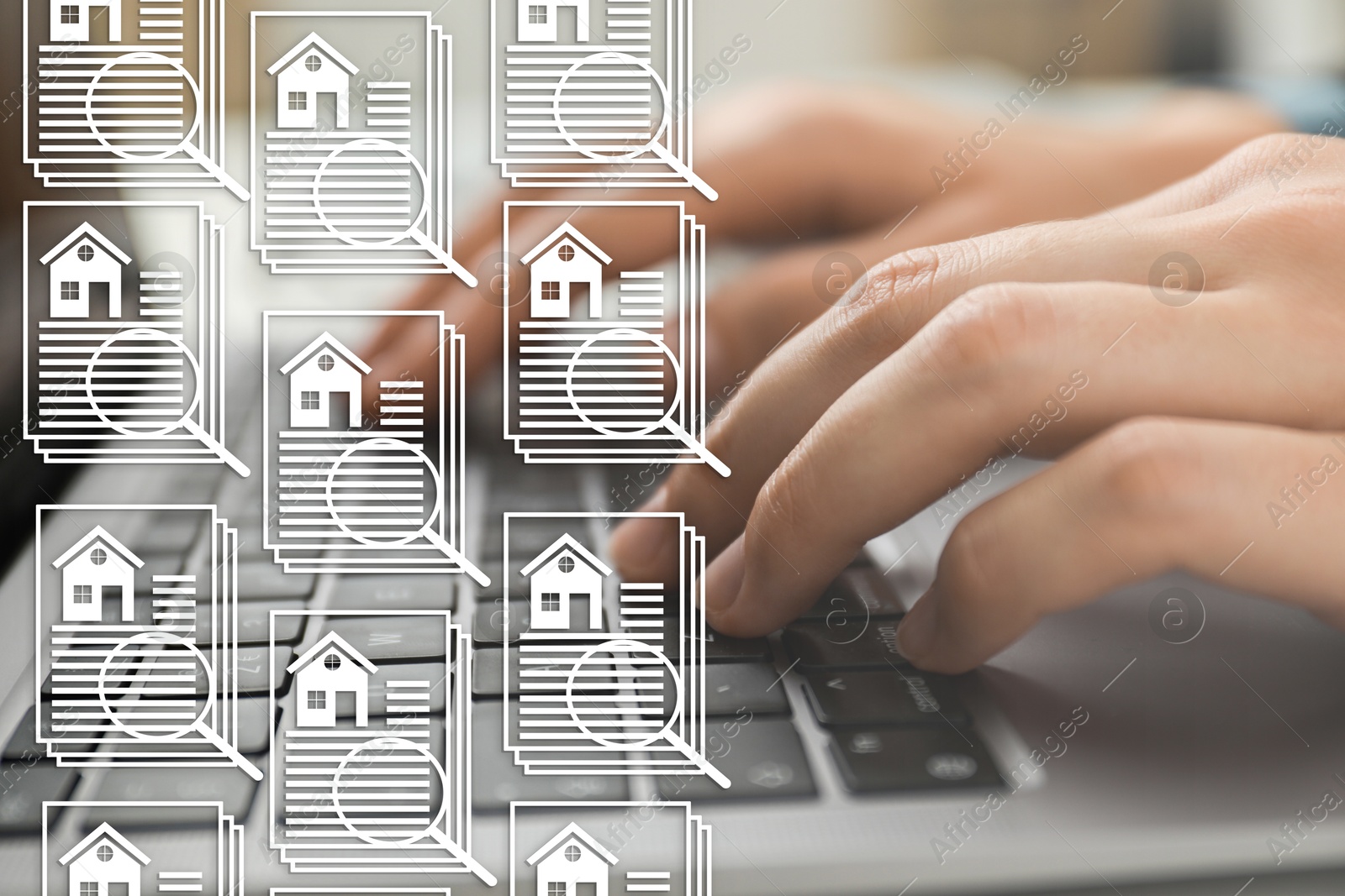 Real estate agent using laptop, closeup. House data with magnifying glass icons on virtual screen Image of Real estate agent using laptop, closeup. House data with magnifying glass icons on virtual screen