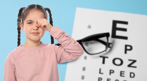 Image of Little girl with eyesight problems and vision test chart on light blue background. Banner design