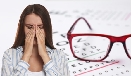 Image of Woman with eyesight problems, glasses and vision test chart. Banner design