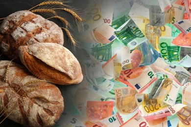 Image of Rising wheat price. Bread loaves and euro bills, double exposure