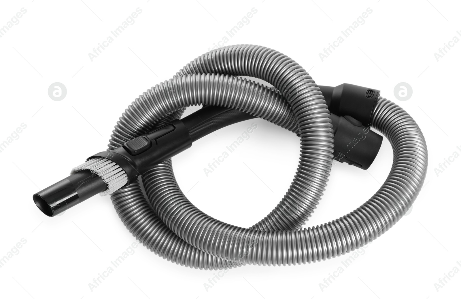 Vacuum cleaner brush and hose on white background, top view Photo of Vacuum cleaner brush and hose on white background, top view