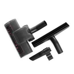 Photo of Vacuum cleaner parts on white background, top view