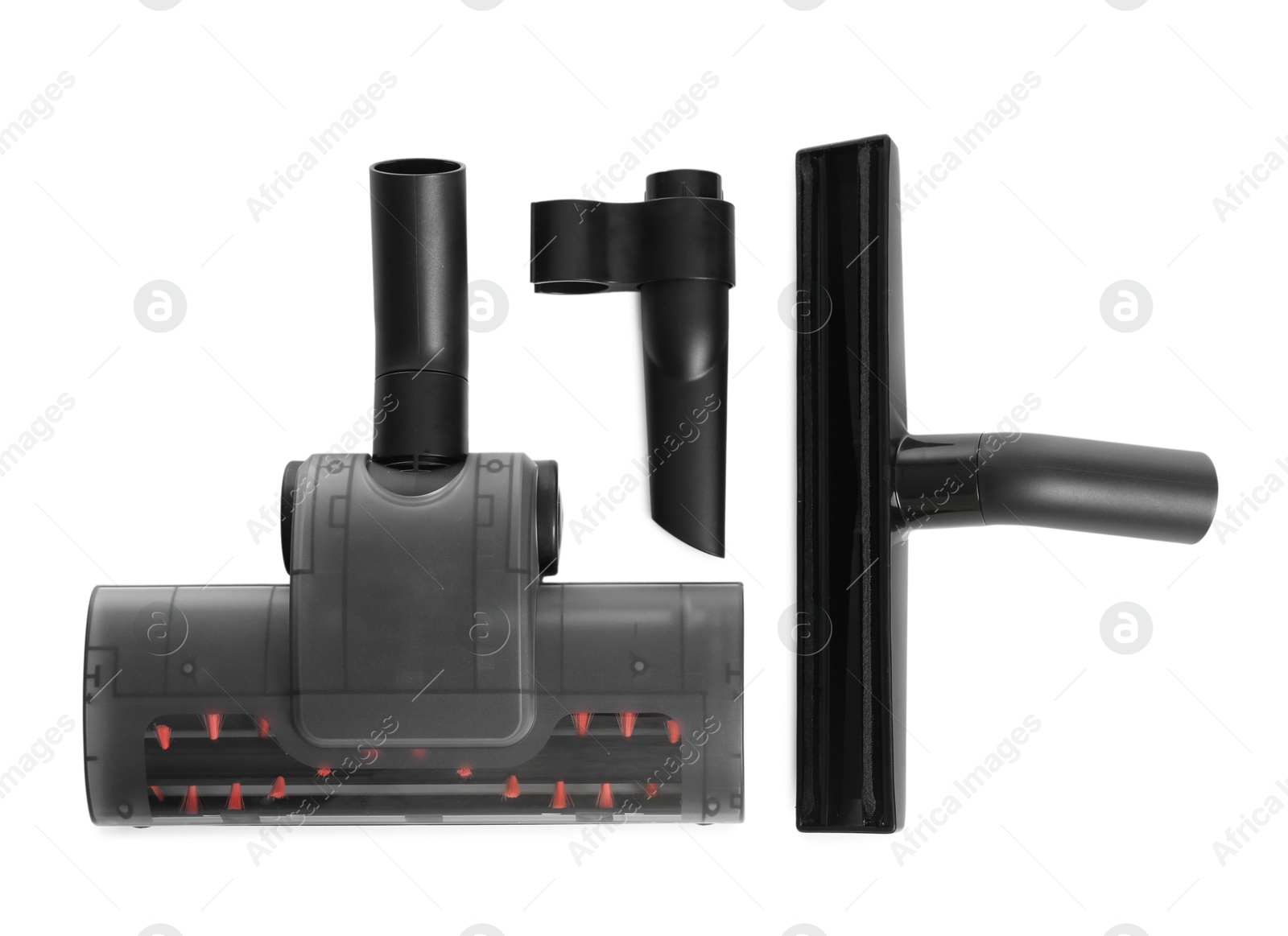 Vacuum cleaner parts on white background, top view Photo of Vacuum cleaner parts on white background, top view
