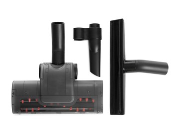 Photo of Vacuum cleaner parts on white background, top view