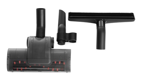 Photo of Vacuum cleaner parts on white background, top view