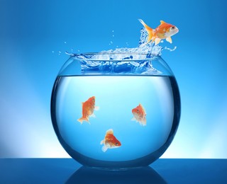 Image of Goldfish jumping out of glass bowl against blue background