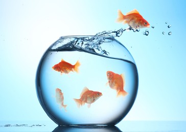 Image of Goldfish jumping out of glass bowl against light blue gradient background