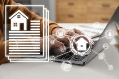 Image of Real estate agent using laptop at table, closeup. House data and scheme on virtual screen