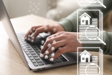 Image of Real estate agent using laptop at table, closeup. House data on virtual screen