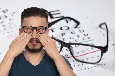 Image of Man with eyesight problems, glasses and vision test chart
