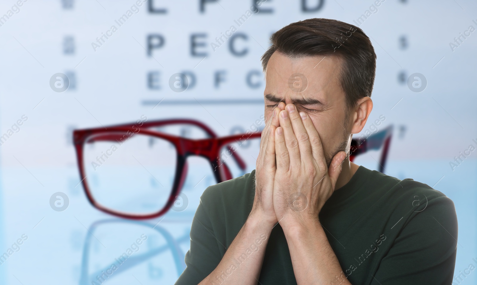 Image of Man with eyesight problems, glasses and vision test chart. Banner design