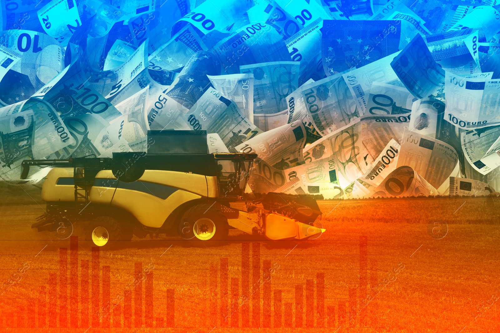 Rising wheat price. Combine harvester in field, graph and euro bills, multiple exposure Image of Rising wheat price. Combine harvester in field, graph and euro bills, multiple exposure