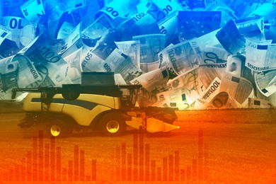 Image of Rising wheat price. Combine harvester in field, graph and euro bills, multiple exposure