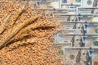Image of Rising wheat price. Grains and dollar bills, double exposure