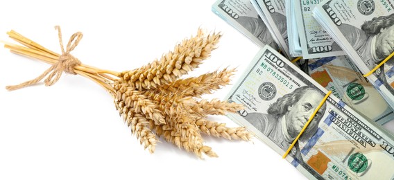 Image of Rising grain price. Ears of wheat and dollar bills on white background, double exposure. Banner design