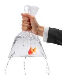 Image of Woman holding leaking plastic bag with goldfish against white background, closeup. Water flowing out of holes