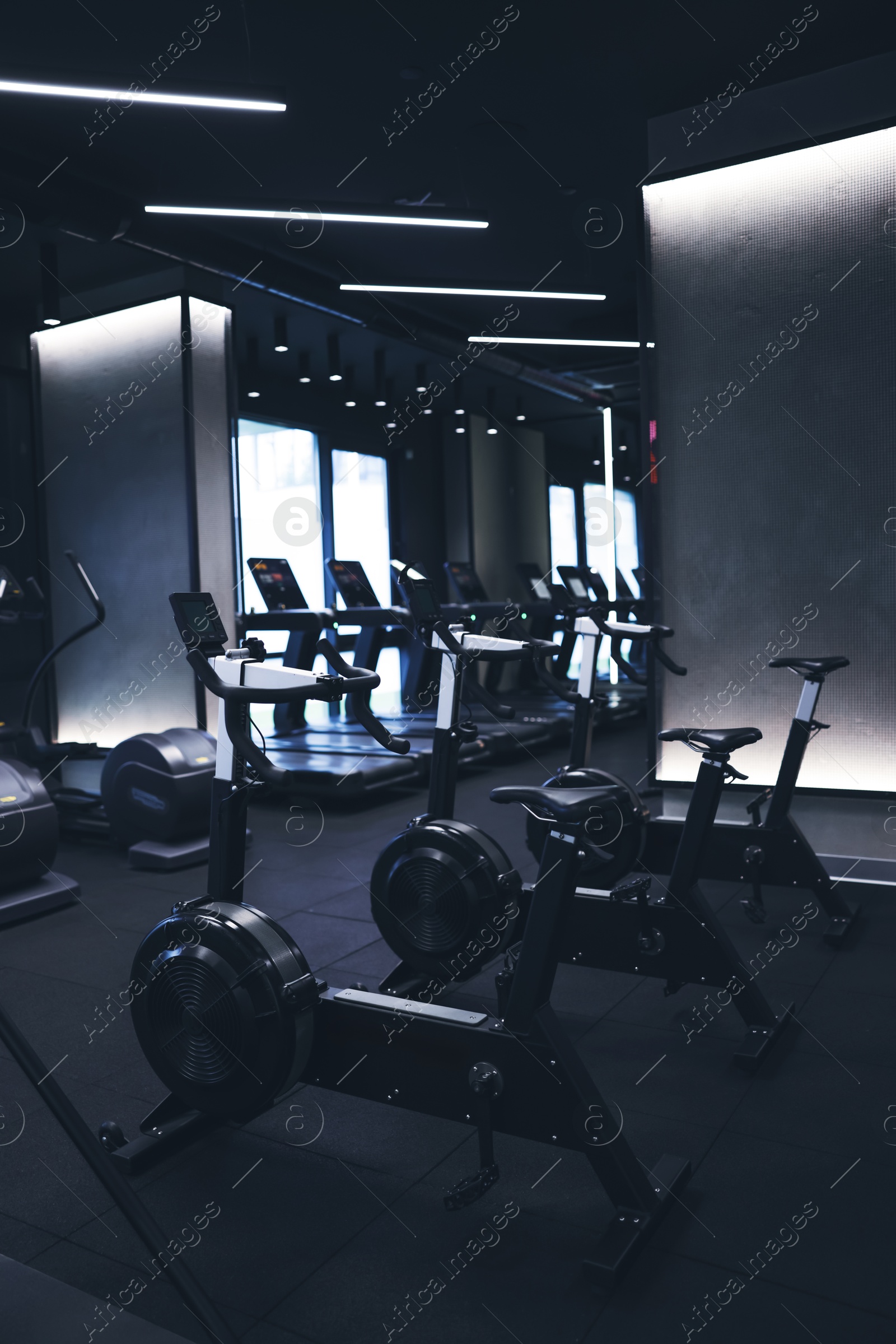 Many modern professional bicycle machines in gym Photo of Many modern professional bicycle machines in gym