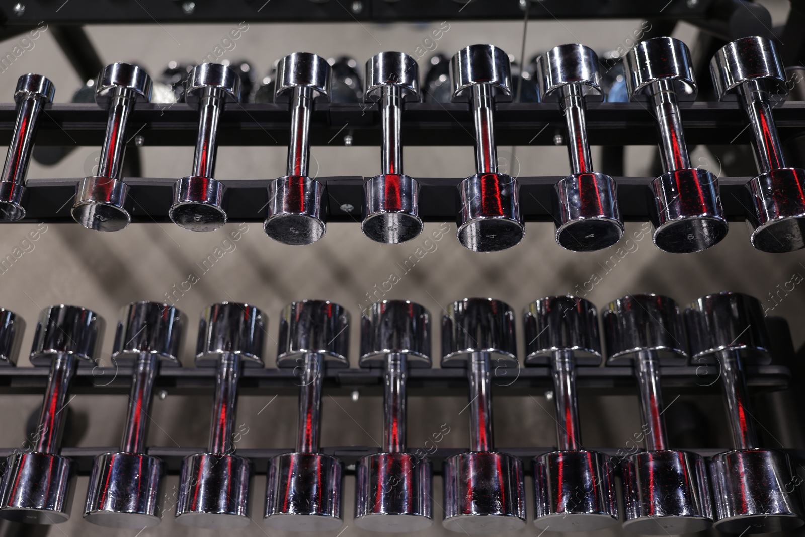 Many metal dumbbells on stand in gym, above view Photo of Many metal dumbbells on stand in gym, above view