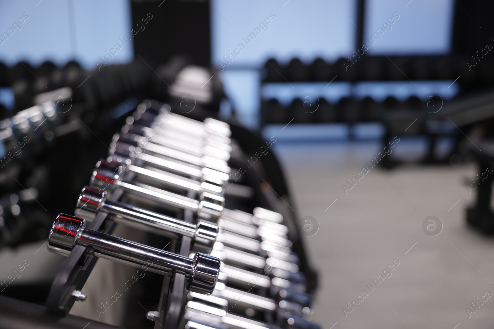 Many metal dumbbells in gym, closeup. Space for text Photo of Many metal dumbbells in gym, closeup. Space for text