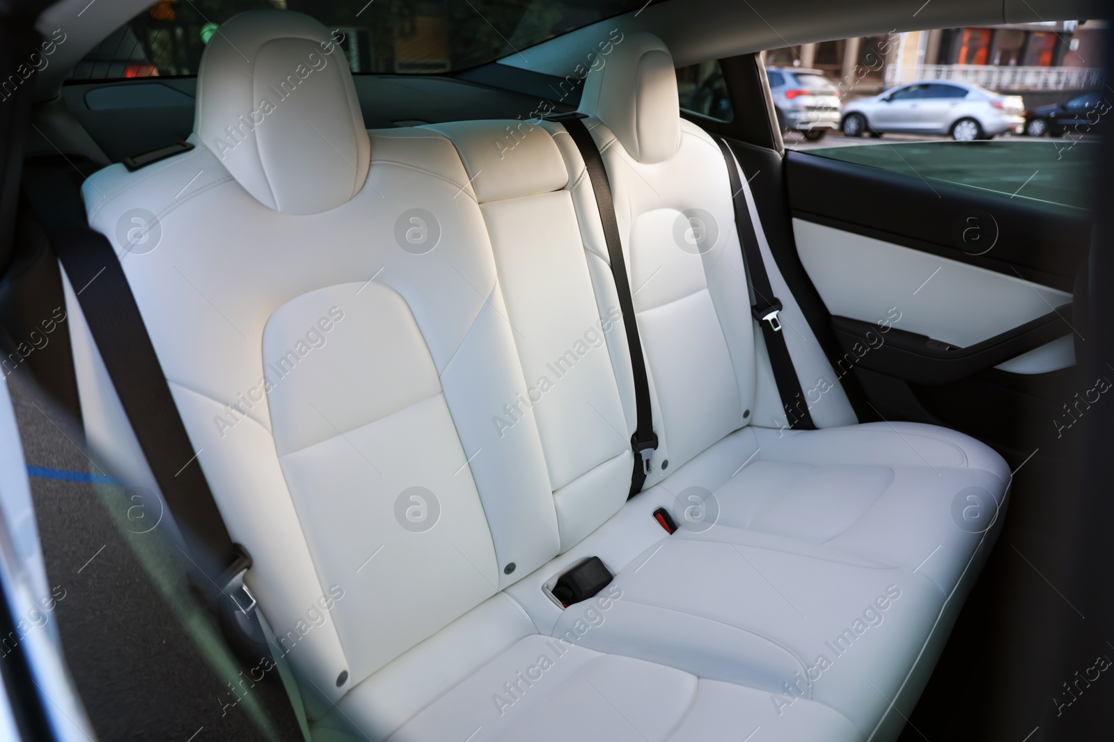 Modern car interior with seats and safety belts, view from outside Photo of Modern car interior with seats and safety belts, view from outside