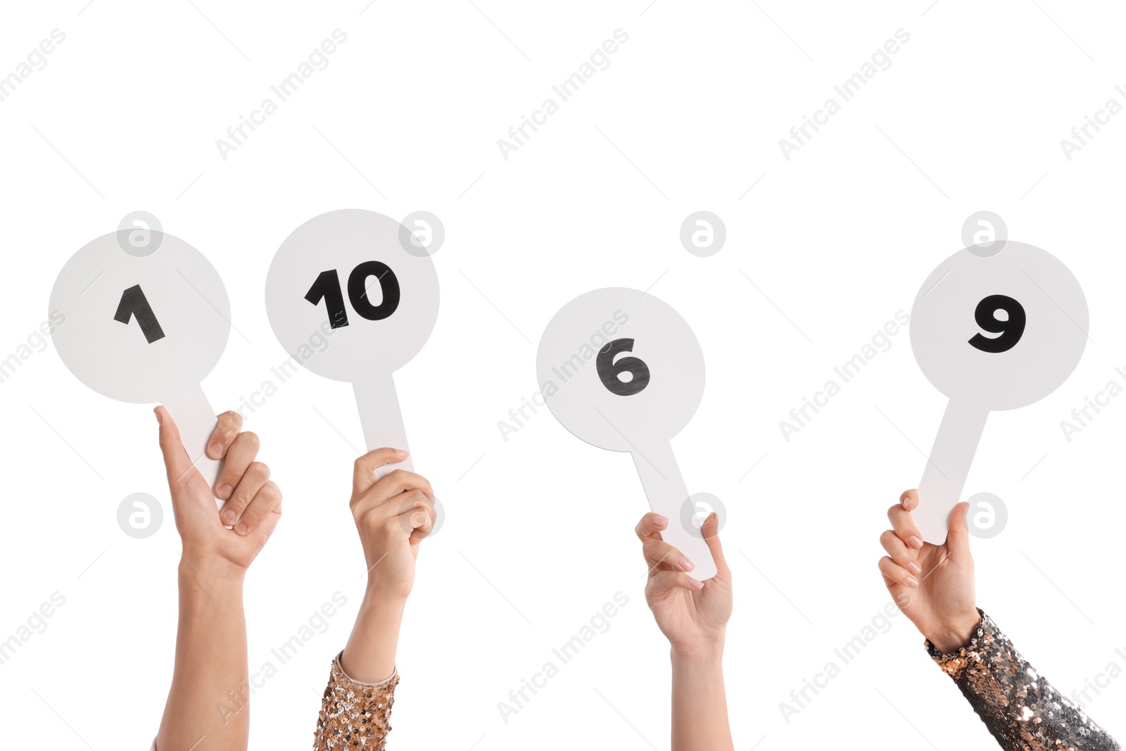 Panel of judges voting with score signs on white background, closeup Photo of Panel of judges voting with score signs on white background, closeup