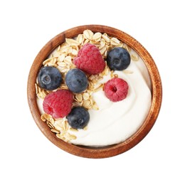Photo of Tasty yogurt with granola and berries in bowl isolated on white
