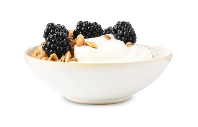 Photo of Tasty yogurt with granola and blackberries in bowl isolated on white