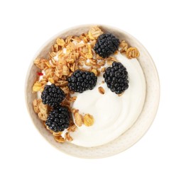 Photo of Tasty yogurt with granola and blackberries in bowl isolated on white