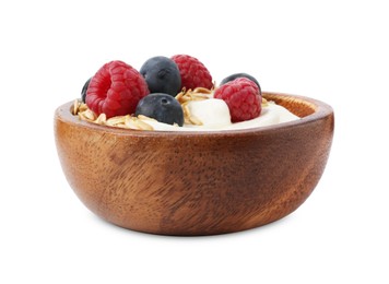 Photo of Tasty yogurt with granola and berries in bowl isolated on white