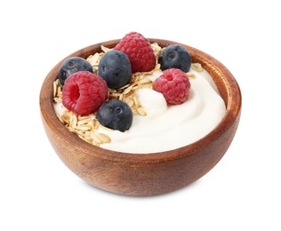 Photo of Tasty yogurt with granola and berries in bowl isolated on white