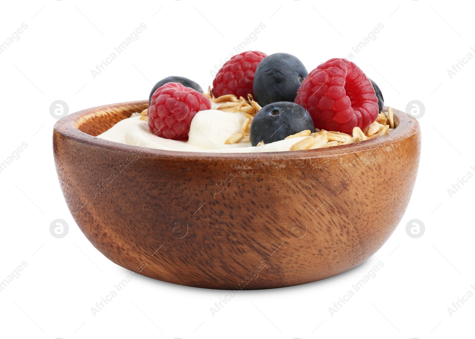 Tasty yogurt with granola and berries in bowl isolated on white Photo of Tasty yogurt with granola and berries in bowl isolated on white