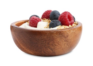 Photo of Tasty yogurt with granola and berries in bowl isolated on white