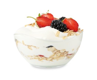 Photo of Tasty yogurt with granola and berries in bowl isolated on white